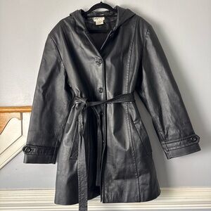 Bagatelle. Classic Black Leather Hooded Belted Coat